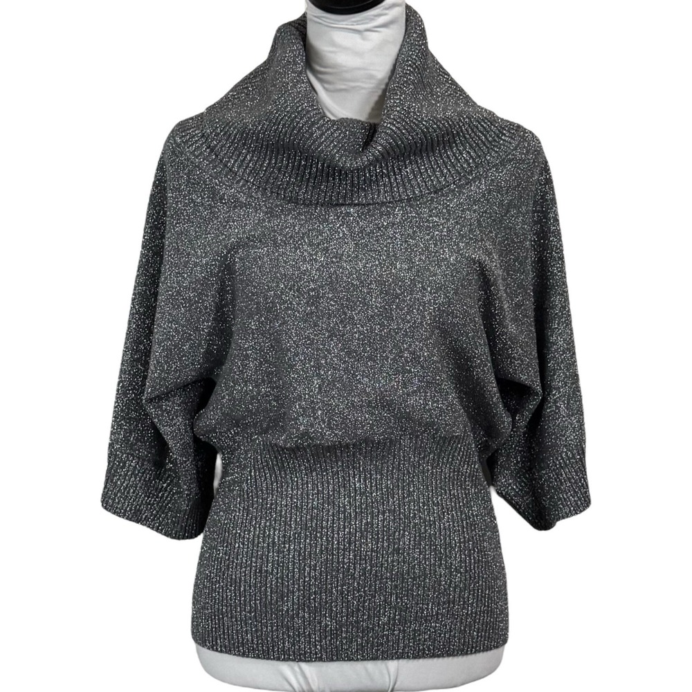Spence Silk Knit Cowl Neck Sweater Top Size Large Fitted Metallic Silver Ribbed‎